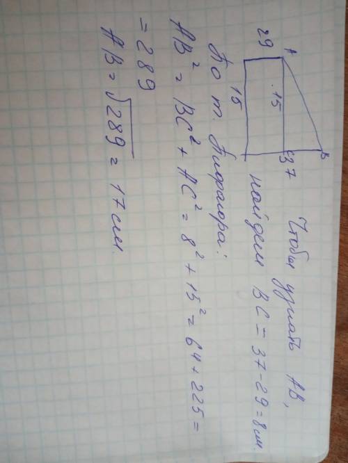 Нужно..в 15 метрах одна от другой растут две сосны. высота одной 37 метров, а другой - 29 метров. на