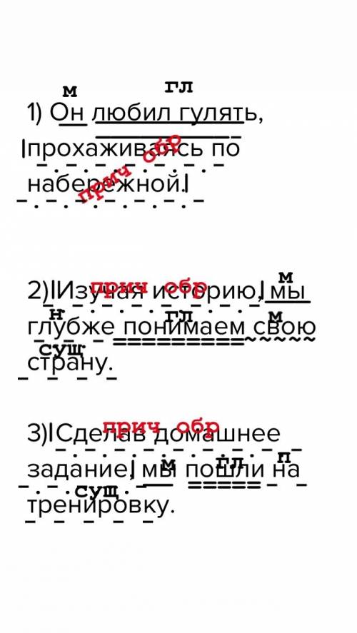 1) он любил гулять, прохаживаясь по набережной. 2) изучая , мы глубже понимаем свою страну. 3) сдела