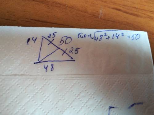 Катеты прямоугольного треугольника равны 14 см и 48 см. определи длину медианы, проведенную к гипоте