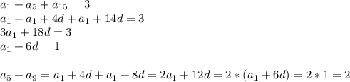 a_1+a_5+a_{15}=3 \\ a_1+a_1 + 4d+a_1+14d=3 \\3a_1+18d=3 \\ a_1+6d=1\\\\ a_5+a_9=a_1+4d+a_1+8d=2a_1+12d =2*( a_1 + 6d )= 2*1=2