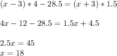 (x-3)*4-28.5=(x+3)*1.5 \\\\ 4x-12-28.5=1.5x+4.5 \\\\ 2.5x=45 \\ x= 18