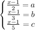 \left\{\begin{matrix} \frac{x - 1}{2} = a \\ \frac{x - 1}{3} = b \\ \frac{x - 1}{5} = c\\\end{matrix}\right.