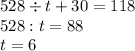 528\div t+30=118 \\ 528:t=88 \\ t=6