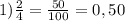 1)\frac{2}{4}=\frac{50}{100}=0,50