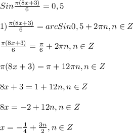 Sin\frac{\pi(8x+3) }{6}=0,5\\\\1)\frac{\pi(8x+3) }{6}=arcSin0,5+2\pi n,n\in Z\\\\\frac{\pi(8x+3) }{6}=\frac{\pi }{6}+2\pi n,n\in Z\\\\\pi(8x+3)=\pi+12\pi n,n\in Z\\\\8x+3=1+12n,n\in Z\\\\8x=-2+12n,n\in Z\\\\x=-\frac{1}{4}+\frac{3n}{2},n\in Z