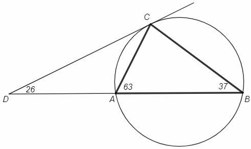 Углы при стороне ab вписанного треугольника abc равны 63 и 37 градусов. найдите угол между прямой ab