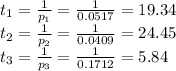 t_1=\frac{1}{p_1}=\frac{1}{0.0517}=19.34\\t_2=\frac{1}{p_2}=\frac{1}{0.0409}=24.45\\t_3=\frac{1}{p_3}=\frac{1}{0.1712}=5.84