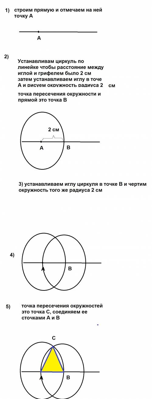 Сциркуля и линейки постройте треугольник со сторонами ab=2см, cb=2см, ac=2см