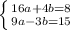 \left\{ {{16a+4b=8} \atop {9a-3b=15}} \right.