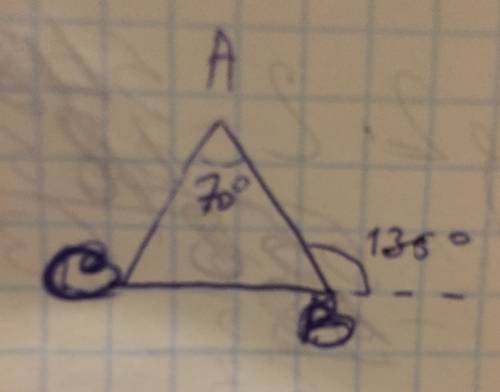 Втреугольнике abc угол а равен 70, внешний угол при вершине в равен 135. найти меня угол асв. желате