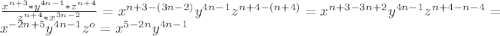 \frac{x^{n+3}*y^{4n-1}*z^{n+4}}{z^{n+4}*x^{3n-2}}=x^{n+3-(3n-2)}y^{4n-1}z^{n+4-(n+4)}=x^{n+3-3n+2}y^{4n-1}z^{n+4-n-4} =x^{-2n+5}y^{4n-1}z^{o}=x^{5-2n}y^{4n-1}