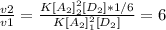 \frac{v2}{v1} = \frac{K[A_{2}]^2_{2}[D_{2}]*1/6}{K[A_{2}]^2_{1}[D_{2}]} = 6