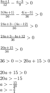 \frac{8a+1}{12}-\frac{a-3}{9}0\\\\ \frac{3(8a+1)}{36} -\frac{4(a-3)}{36}0\\\\ \frac{24a+3-(4a-12)}{36}0\\\\ \frac{24a+3-4a+12}{36}0\\ \\ \frac{20a+15}{36}0\\ \\ 360 = 20a+150\\ \\ 20a+150\\ 20a-15\\ a-\frac{15}{20}\\ a-\frac{3}{4}