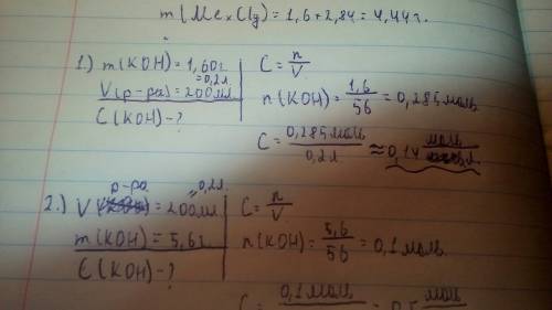 1.60 г koh содержится в 200 мл раствора.определить молярную концентрацию 2.определить молярность рас