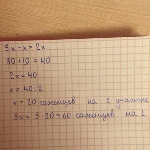 На одном участке было в 3 раза больше саженцев ,чем на другом. когда с 1 участка увезли 30 саженцев