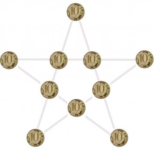 Как разложить 10 монет так чтобы на 5 линиях лежало по 4 монеты