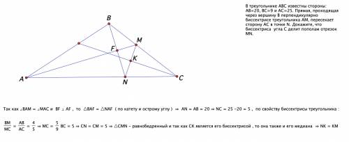 Втреугольнике abc известны стороны: ab=20, bc=9 и ac=25. прямая, проходящая через вершину b перпенди