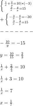 \left \{ {{\frac{1}{x} +\frac{2}{y} }=10|*(-3) \atop {\frac{3}{x}-\frac{4}{y} =15 }} \right.\\\\+\left \{ {{-\frac{3}{x}-\frac{6}{y}=-30} \atop {\frac{3}{x}-\frac{4}{y}=15}} \right.\\\\-------\\\\-\frac{10}{y} =-15\\\\y=\frac{10}{15}=\frac{2}{3}\\\\\frac{1}{x}+\frac{2}{\frac{2}{3} }=10\\\\\frac{1}{x}+3=10\\\\\frac{1}{x} =7\\\\x=\frac{1}{7}