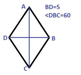 Ромб abcd, у якого діагональ вd=5,а кут dbc=60°.знайдіть периметр цього ромба.