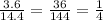 \frac{3.6}{14.4} = \frac{36}{144} = \frac{1}{4}