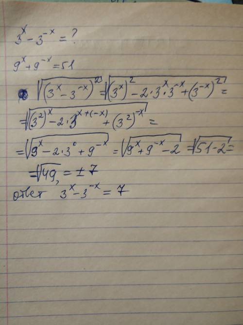 Найдите положительное значение выражения 3^x-3^(-x),если известно ,что 9^x+9^(-x)=51