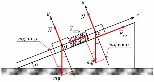 Два одинаковых маленьких бруска массами m = 0,6 кг каждый легкой пружиной и положили на наклонную