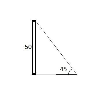 Вертикальная башня высотой 50м видна из точки к на поверхности земли под углом 45° найдите расстояни