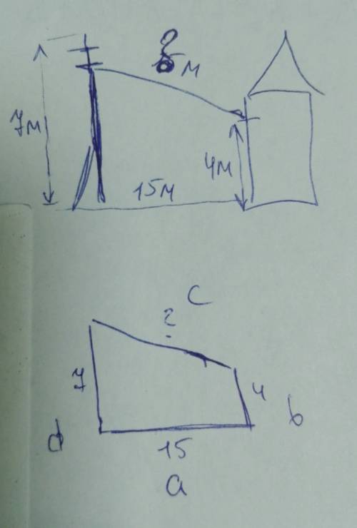 От столба к дому протянут электрический провод.расстояние от столба до дома 15 м.высота столба 7 м,