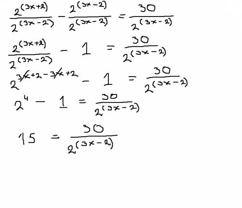 Объясните почему в примере 2^(3x+2)-2^(3x-2)=30 при получится (2^4-1)*2^(3x-2)=30. куда девается х?