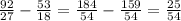 \frac{92}{27} - \frac{53}{18} = \frac{184}{54} - \frac{159}{54} = \frac{25}{54}