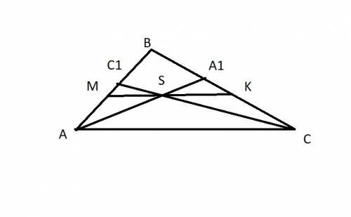 Втреугольнике abc биссектрисы углов a и c в точке s проведена прямая mk||ac найдите mk если сумма am