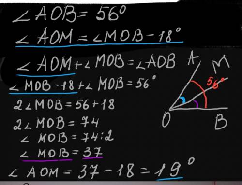 Луч om проходит между сторонами кутаaob =56° так,что кут аоb на 18° меньше кута mоb. найдите градусн