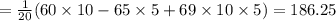 = \frac{1}{20} (60 \times 10 - 65 \times 5 + 69 \times 10 \times 5) = 186.25