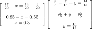 \left[\begin{array}{ccc}\frac{17}{20}-x=\frac{14}{20}-\frac{3}{20}\\\\0.85-x=0.55\\x=0.3\end{array}\right] \left[\begin{array}{ccc}\frac{8}{15}-\frac{7}{15}+y=\frac{14}{15}\\\\\frac{1}{15}+y=\frac{14}{15}\\\\y=\frac{13}{15}\end{array}\right]