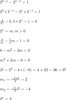 2^{2-x}-2^{x-1}=1\\\\2^{2}*2^{-x}-2^{x}*2^{-1}=1\\\\\frac{4}{2^{x} }-0,5*2^{x}-1=0\\\\2^{x}=m,m0\\\\\frac{4}{m}-\frac{1}{2}m-1=0\\\\8-m^{2}-2m=0\\\\m^{2}+2m-8=0\\\\D=2^{2}-4*(-8)=4+32=36=6^{2}\\\\m_{1}=\frac{-2+6}{2}=2\\\\m_{2}=\frac{-2-6}{2}=-4\\\\2^{x}=2