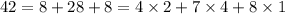 42=8+28+8=4\times2+7\times4+8\times1