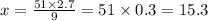 x = \frac{51 \times 2.7}{9} = 51 \times 0.3 = 15.3