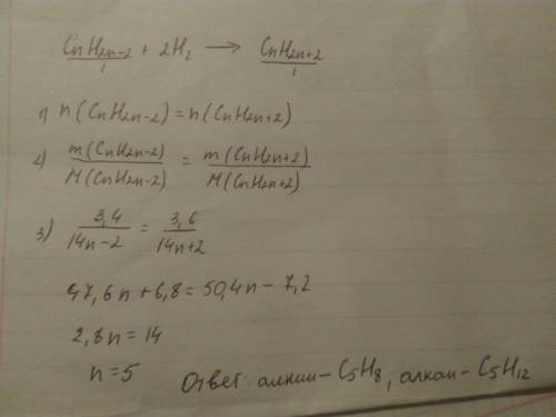 Врезультате полного гидрирование 3.4 г. алкина образовалось 3,6 г. алкана. определить углеводороды.