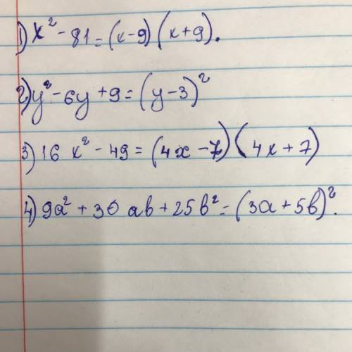 Разложите на множители1)x²-812)y²-6y+93)16x²-494)9a²+30ab+25b²