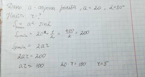 Сторона ромба равна 20, острый угол равен 30. найдите радиус вписанной окружности этого ромба.