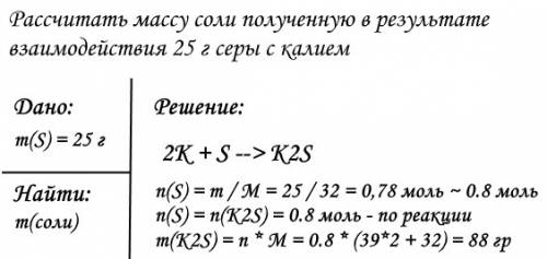 Рассчитать массу соли полученную в результате взаимодействия 25 г серы с калием. нужно к завтрашнему