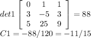 det1\left[\begin{array}{ccc}0&1&1\\3&-5&3\\5&25&9\end{array}\right] =88\\C1=-88/120=-11/15