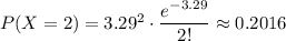 P(X=2)=3.29^2\cdot\dfrac{e^{-3.29}}{2!}\approx 0.2016