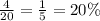 \frac{4}{20} = \frac{1}{5} = 20\%