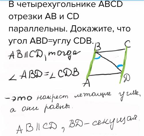 Вчетырехугольнике abcd отрезки ab и cd параллельны. докажите, что угол abd=углу cdb.