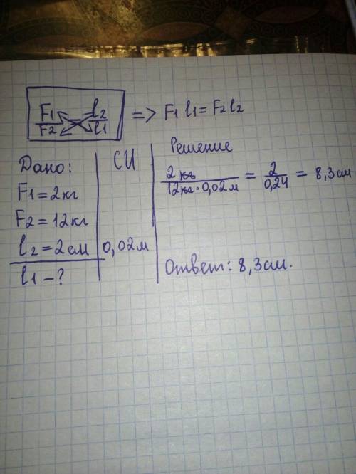 Рычаг находится в равновесии.выяснить длину невесомого рычага,если по бокам его висят мешки 2кг и 12