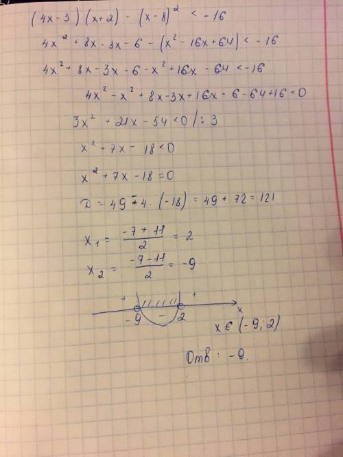 Найдите найменьшее целое решение неравенства: ( 4х - 3 ) ( х + 2 ) - ( х - 8 )² ≤( знак без черточки