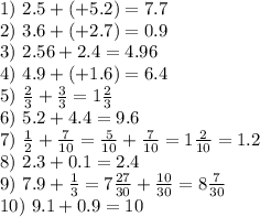 1)\ 2.5+(+5.2)=7.7\\2)\ 3.6+(+2.7)=0.9\\3)\ 2.56+2.4=4.96\\4)\ 4.9+(+1.6)=6.4\\5)\ \frac{2}{3} +\frac{3}{3} =1\frac{2}{3} \\6)\ 5.2+4.4=9.6\\7)\ \frac{1}{2} +\frac{7}{10} =\frac{5}{10}+\frac{7}{10}=1\frac{2}{10} =1.2\\8)\ 2.3+0.1=2.4\\9)\ 7.9+\frac{1}{3} =7\frac{27}{30} +\frac{10}{30} =8\frac{7}{30} \\10)\ 9.1+0.9=10