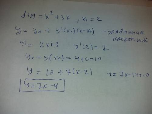 Записать уравнение касательной к графику функции в точке x0 f(x)=x^2+3x,x0=2