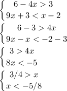 \displaystyle \left \{ {{6-4x3} \atop {9x+34x} \atop {9x-x4x} \atop {8xx} \atop {x